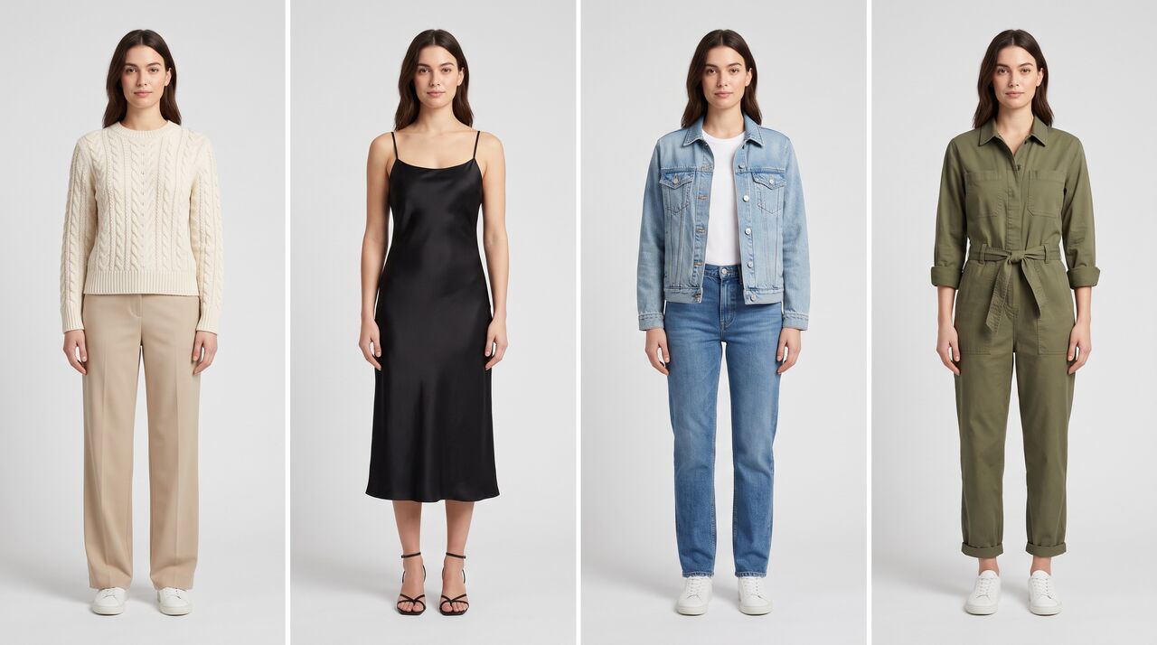 The same model in four different outfits, each shot full length in the same pose, framing and light gray studio setting.