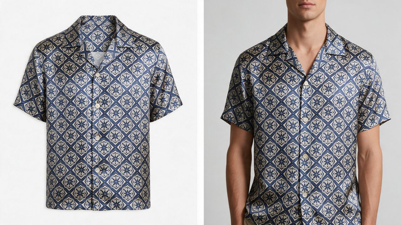 A printed silk shirt as a ghost-mannequin product photo next to a waist-up on-model image with the same print, colors and buttons.