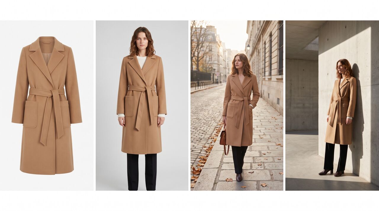 A camel wrap coat shown as a ghost-mannequin product photo, a catalog on-model image, a city lifestyle image and an editorial campaign image.