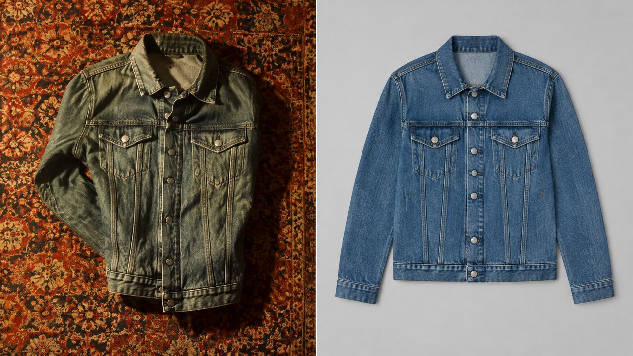 The same denim jacket photographed twice: folded and creased under warm yellow light on a patterned rug, then laid flat and unfolded in soft daylight on a plain light-gray background.
