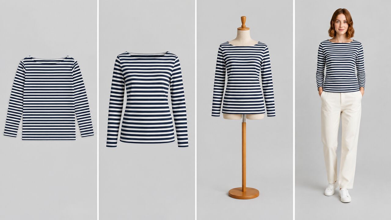 The same navy and white striped top shown four ways: as a flat lay, as a ghost-mannequin shot, on a dress form and worn by a model.