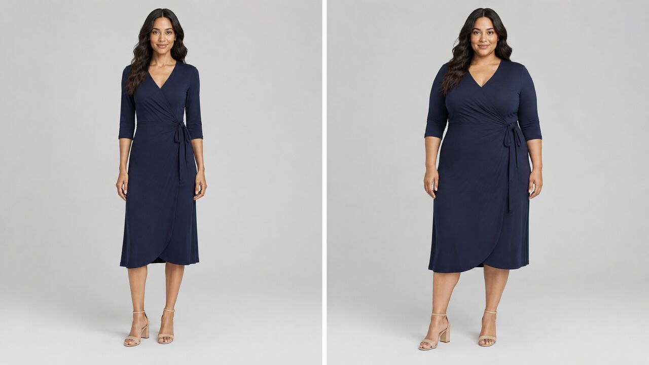 The same navy wrap dress on a slim woman and a plus-size woman, with the wrap, neckline and hem sitting naturally on each body.