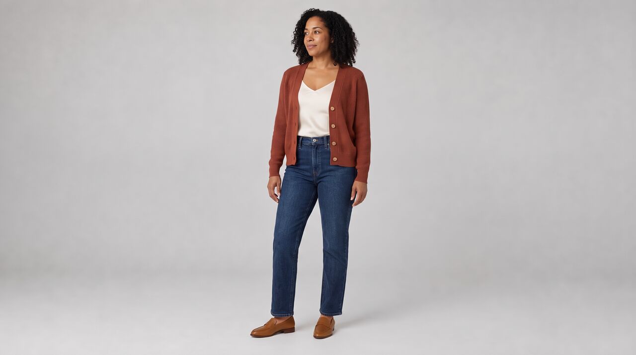 The same rust cardigan, cream camisole and indigo jeans in the same pose and studio, now worn by a woman with curly black hair and medium-brown skin.