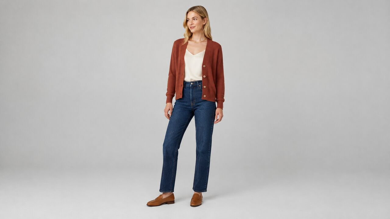 A woman with straight blonde hair in a rust cardigan, cream camisole and indigo jeans standing in a light gray studio.