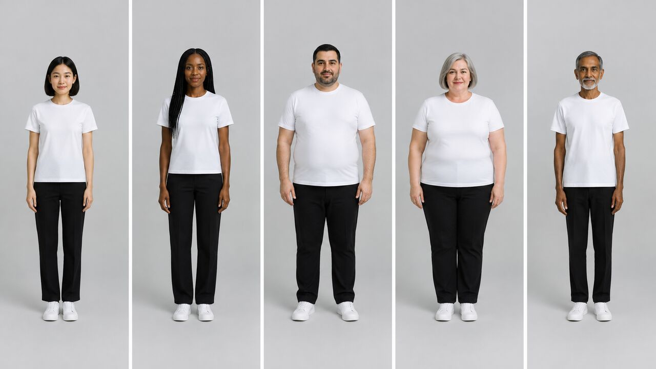 Five models of different ages, body types and looks in plain white T-shirts and black trousers, each standing in the same pose and studio setting.