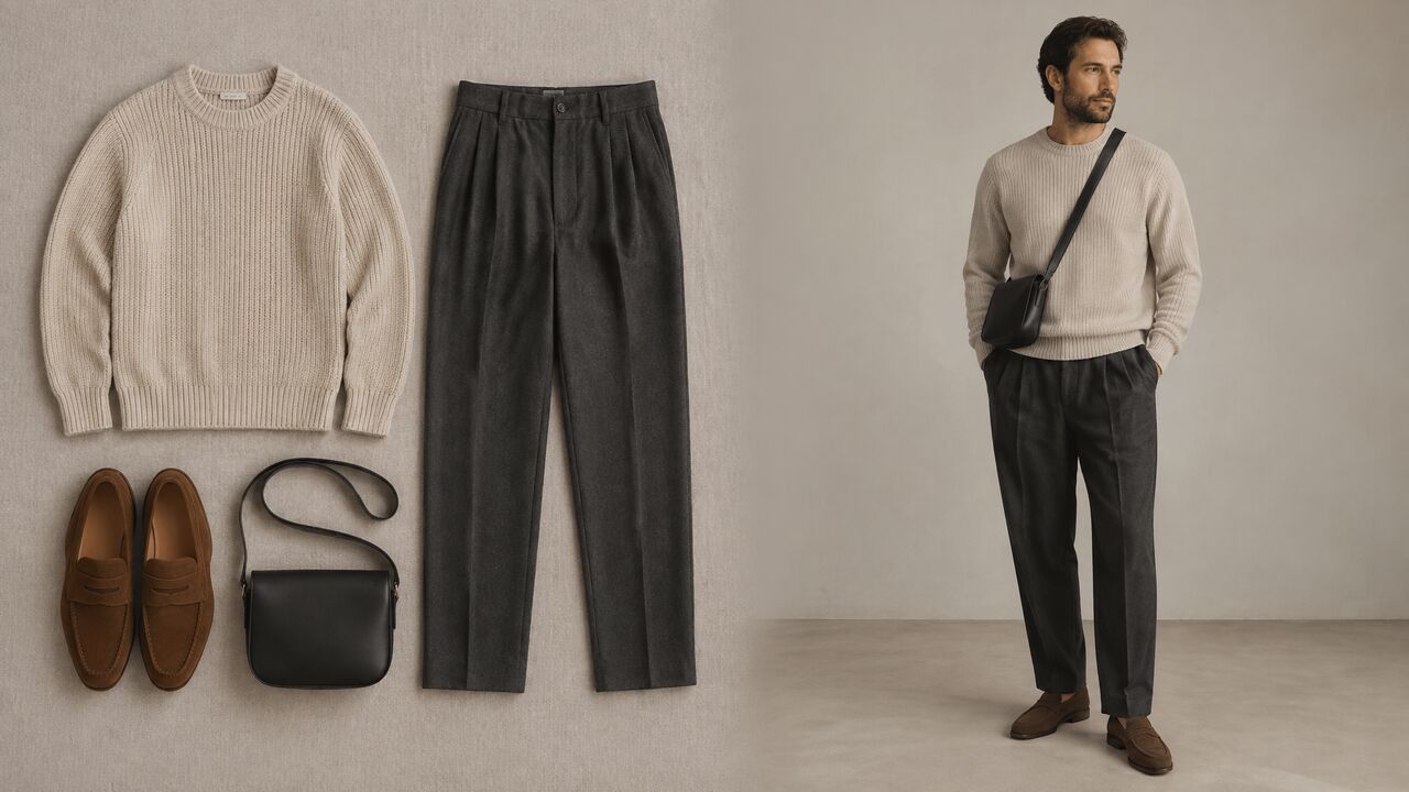 A knit sweater, wool trousers, suede loafers and a leather bag laid out flat, next to a male model wearing all four items as one outfit.