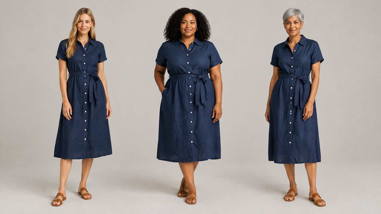 Three women of different ages, body types and looks, each wearing the same navy linen shirt dress in a light-gray studio.