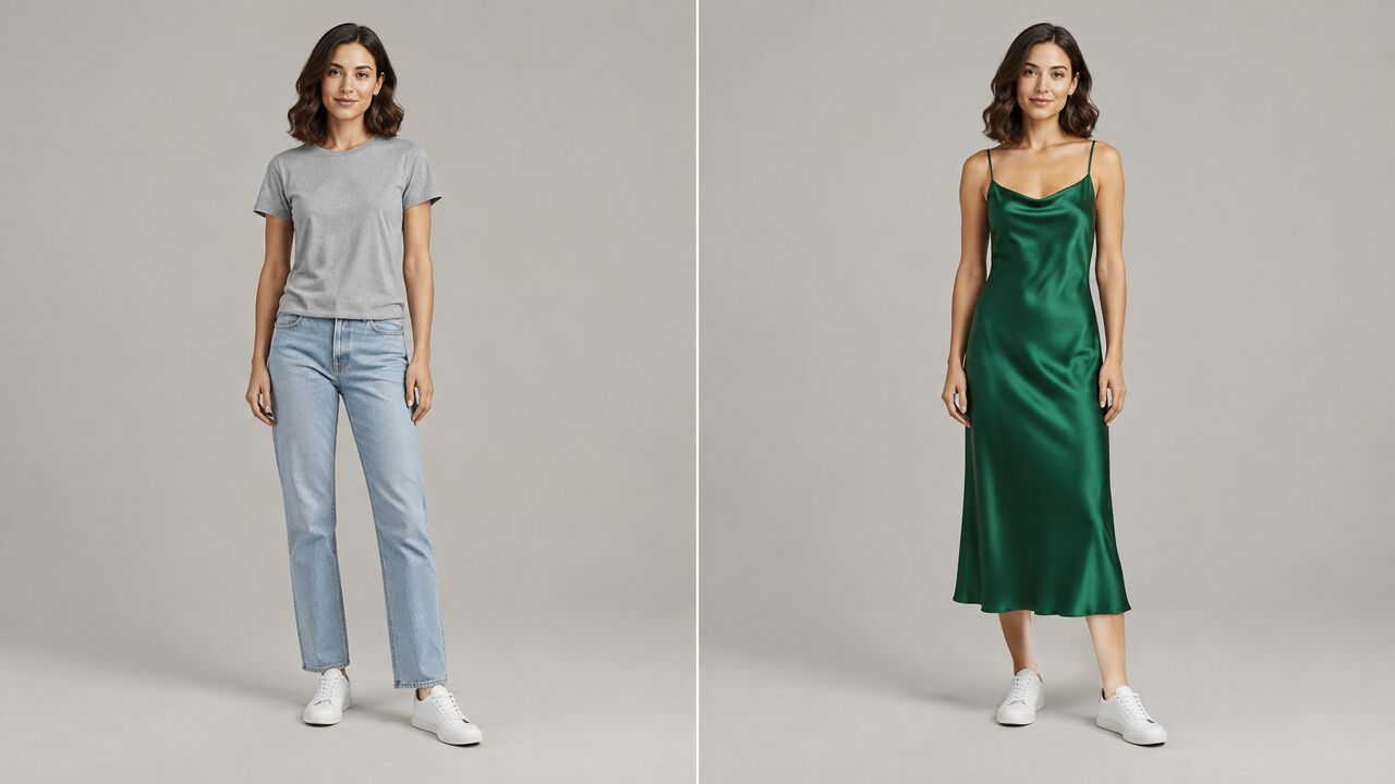 The same model in the same pose shown twice, first in a gray t-shirt and jeans, then in an emerald satin slip dress, with only the clothing changed.