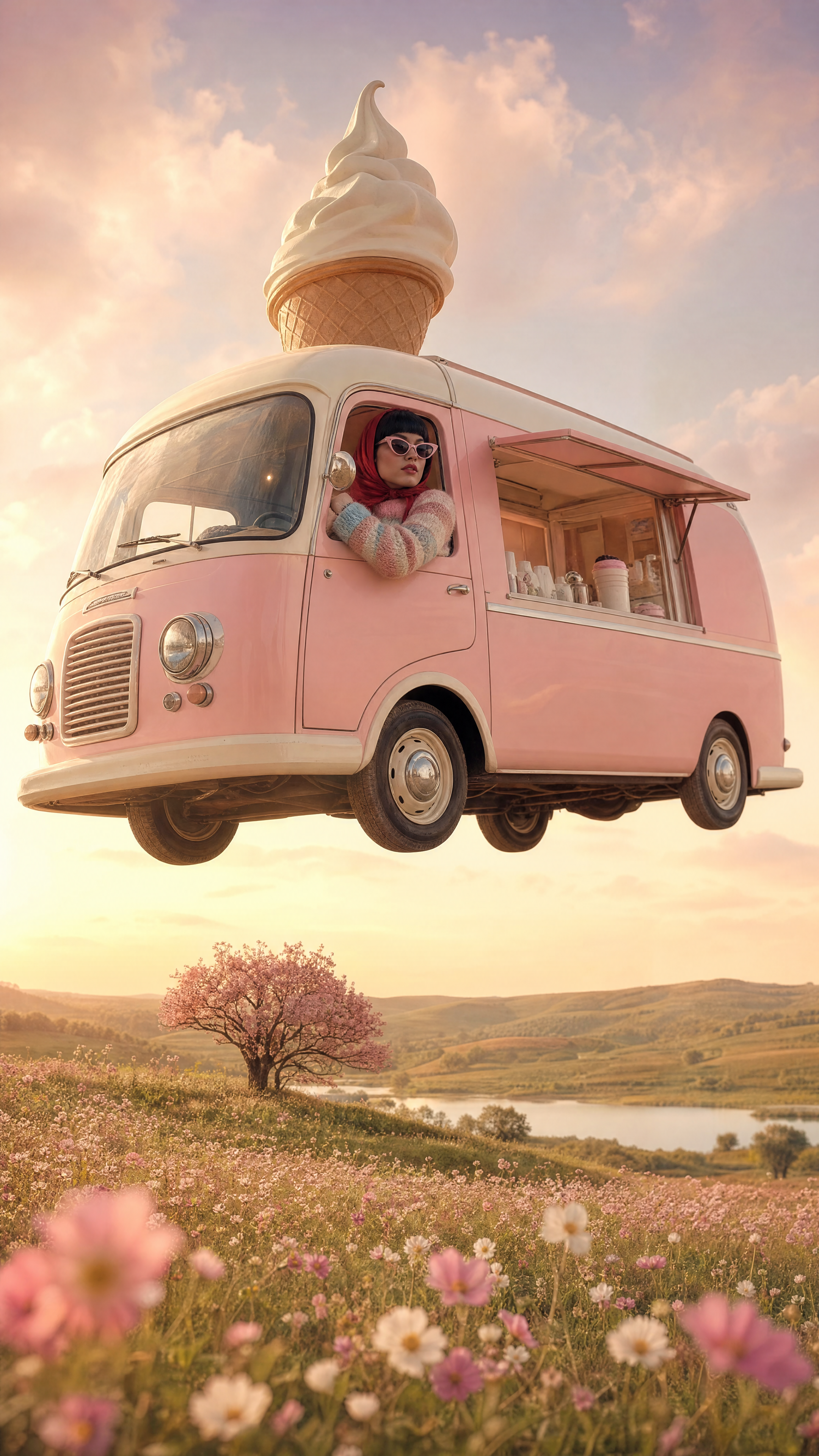 AI text-to-image result — A dreamy pastel pink vintage ice cream truck floating effortlessly above a peaceful wildflower meadow at golde…