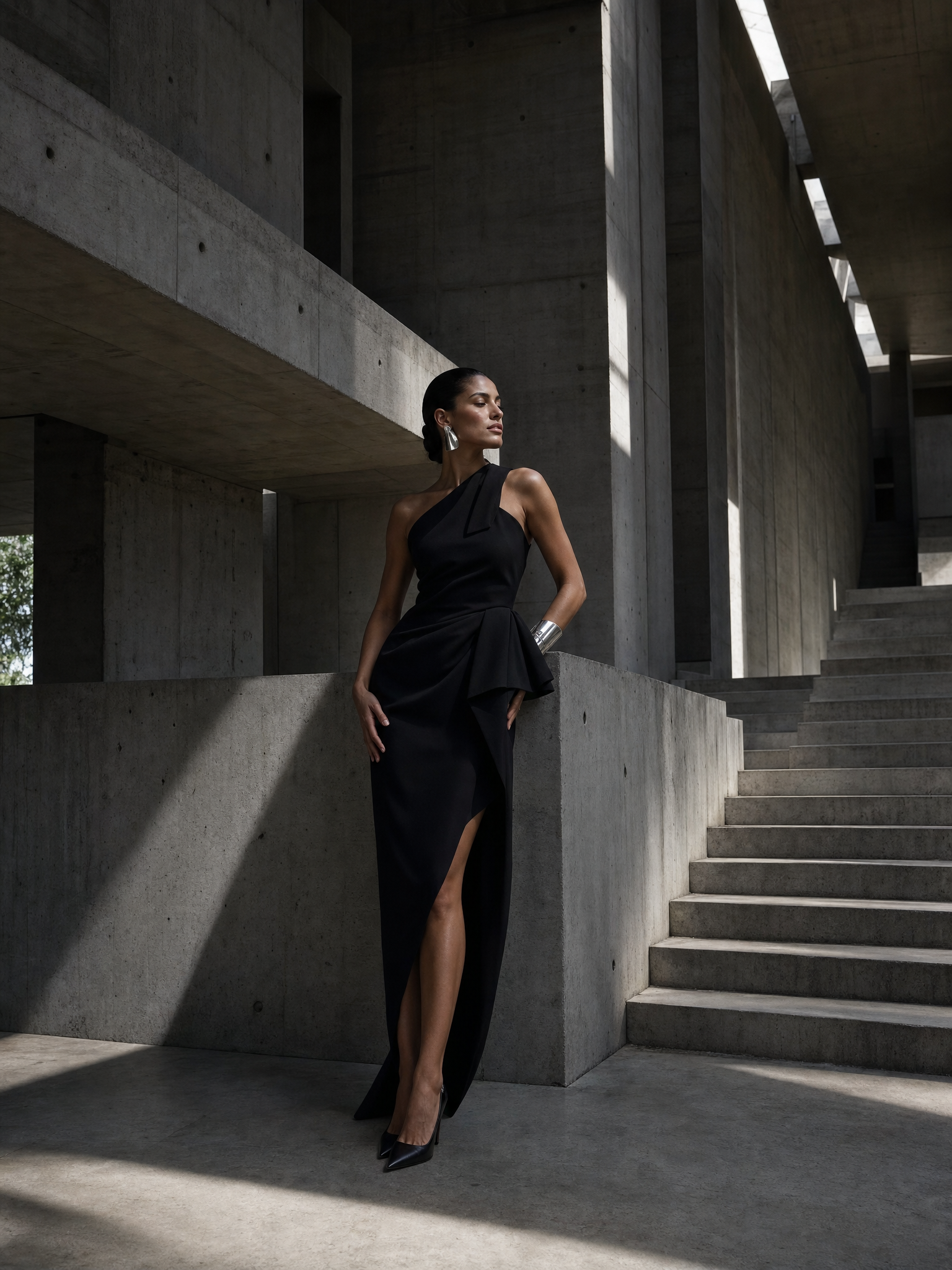 AI text-to-image result — Create an exact 4:5 high-fashion editorial inside a monumental brutalist concrete villa with oversized stairca…