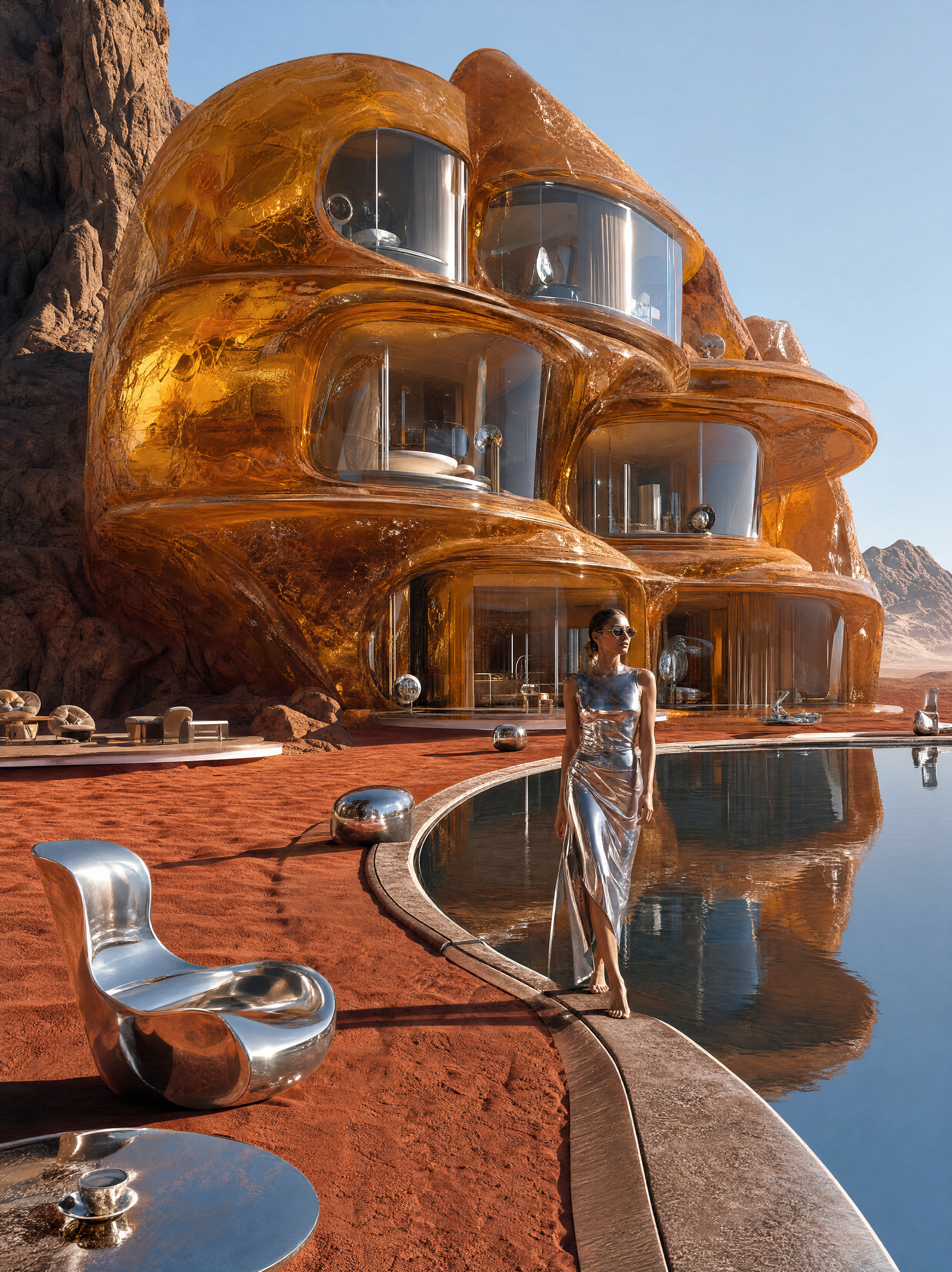 AI text-to-image result — A futuristic desert hotel carved into a massive translucent amber rock, curved glass rooms glowing from within…