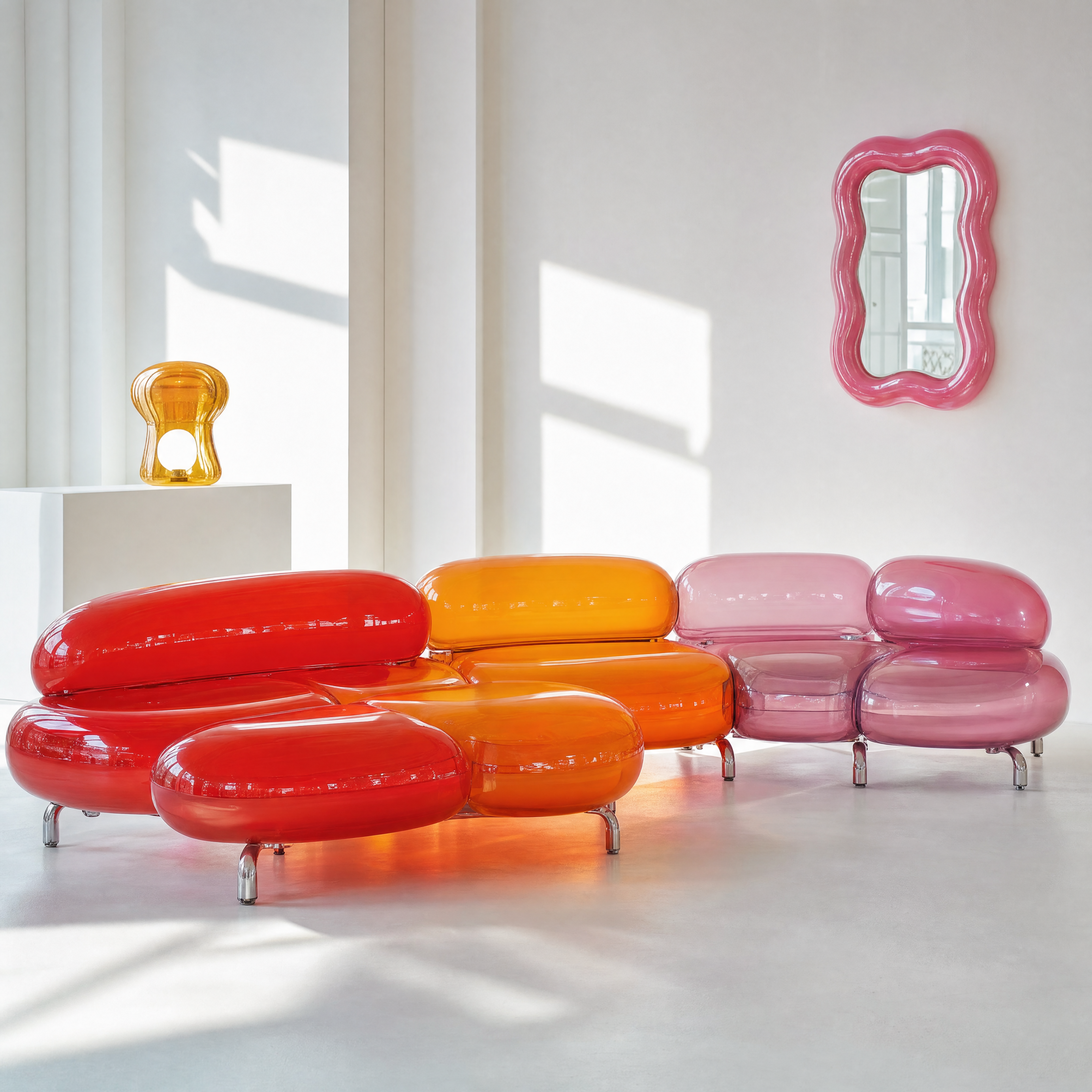 AI text-to-image result — A modular bubble-shaped sofa designed like connected glossy jelly beans, transparent red, orange and pink cush…