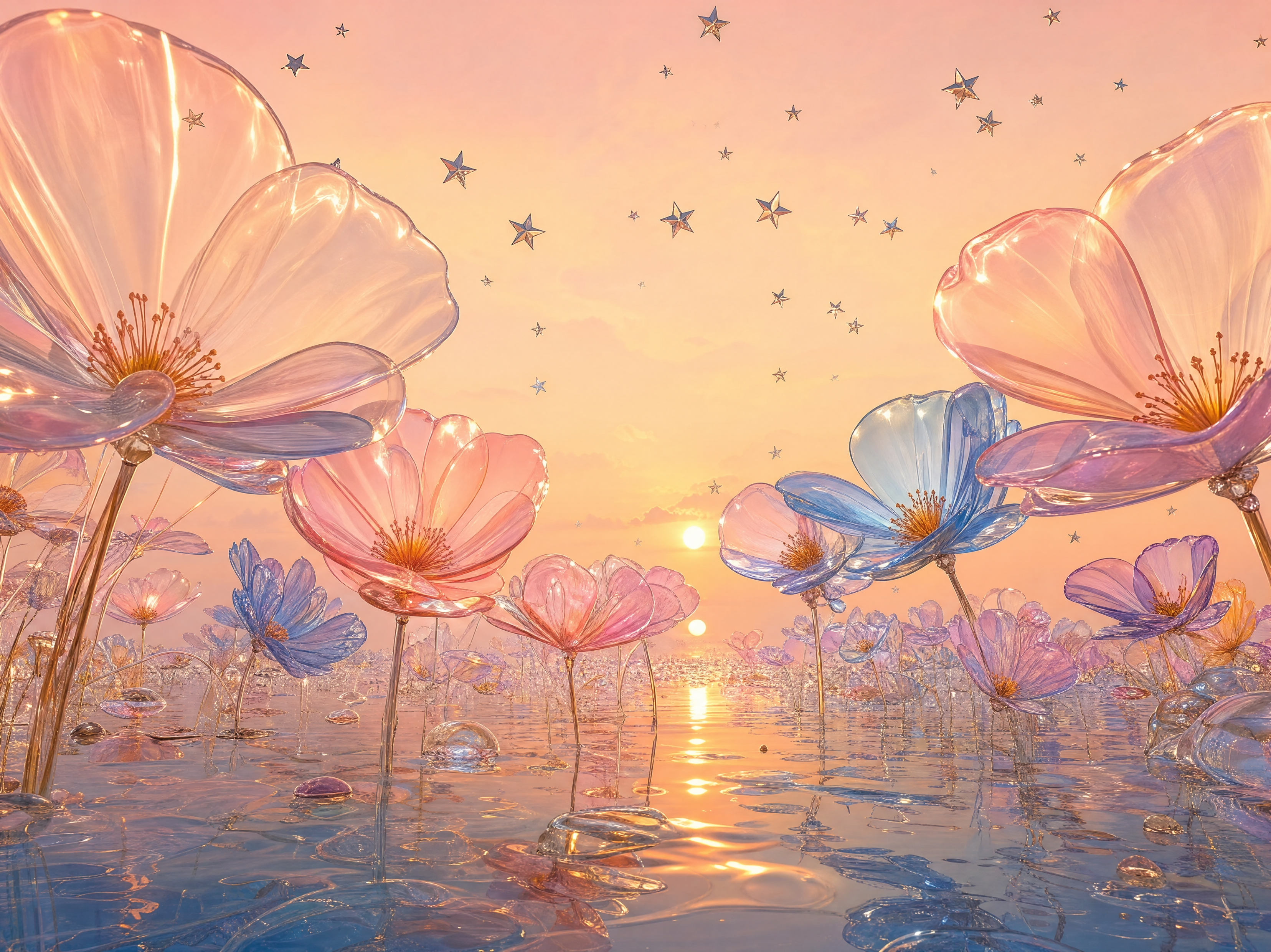 AI text-to-image result — An endless field of oversized translucent flowers beneath a peach sunset, each petal glowing like colored glas…