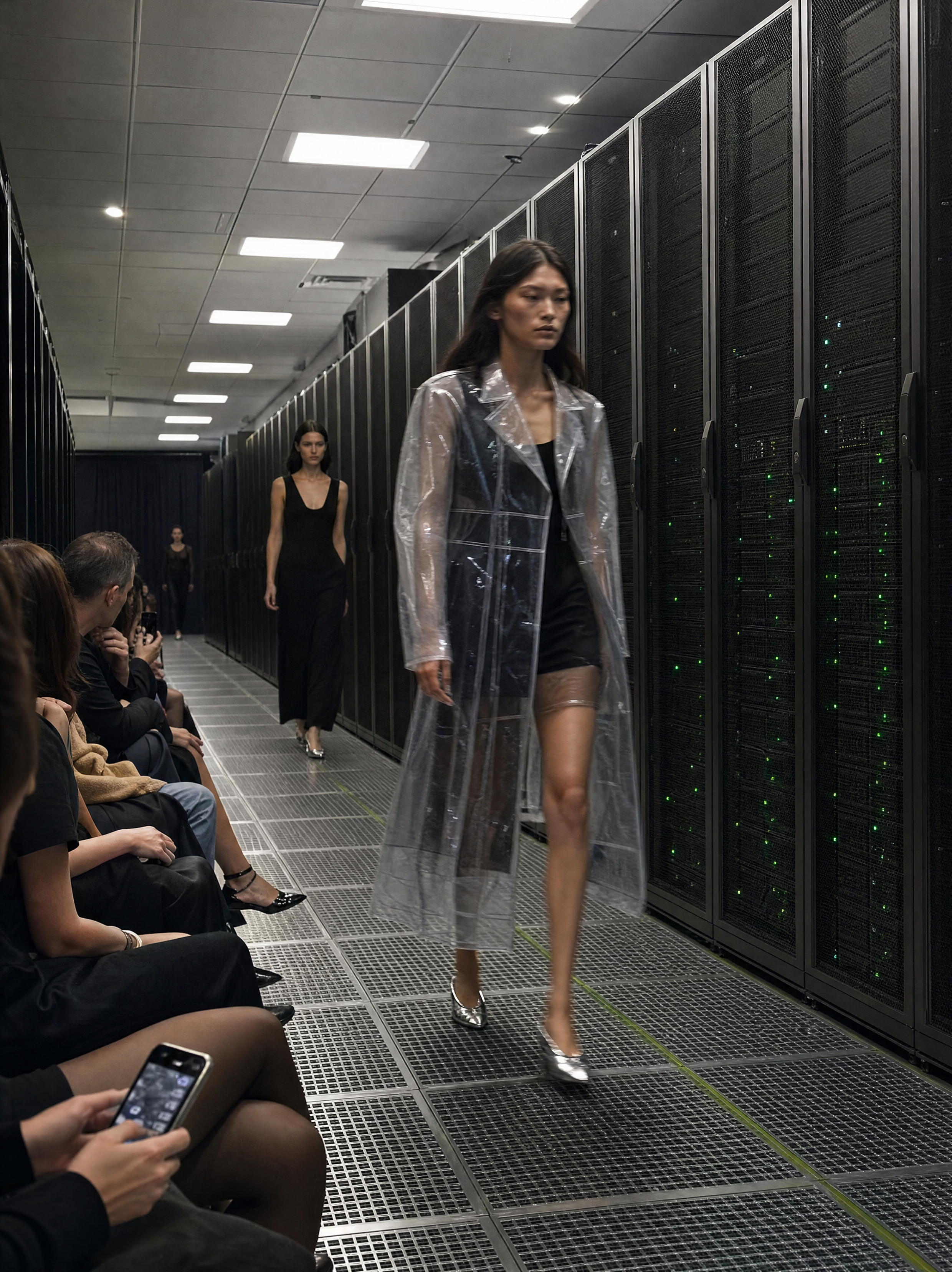 AI text-to-image result — A minimal runway staged between two rows of tall black server cabinets in a clean underground data center, ill…