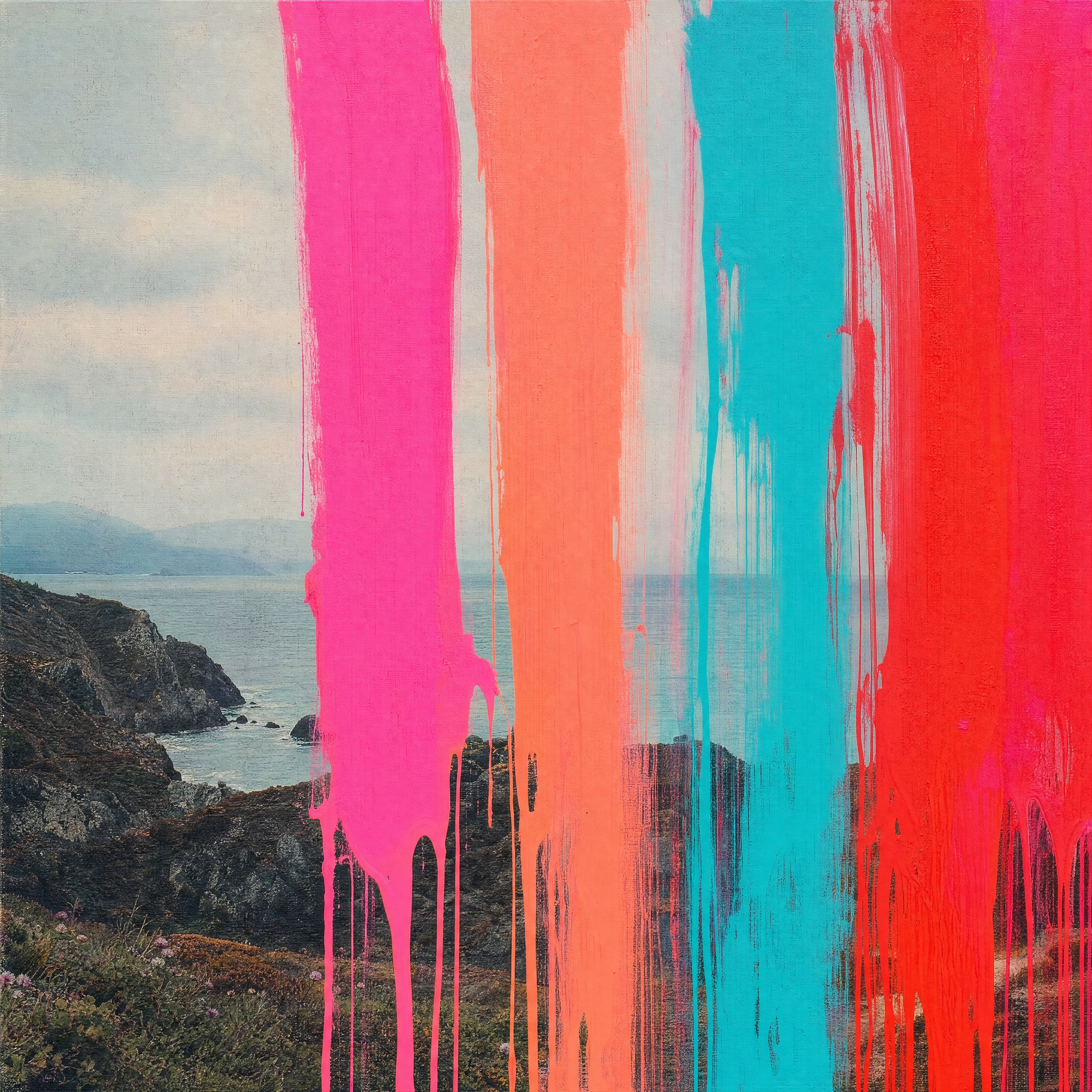 AI text-to-image result — A quiet coastal landscape partially erased by thick vertical strokes of fluorescent pink, coral, turquoise and…