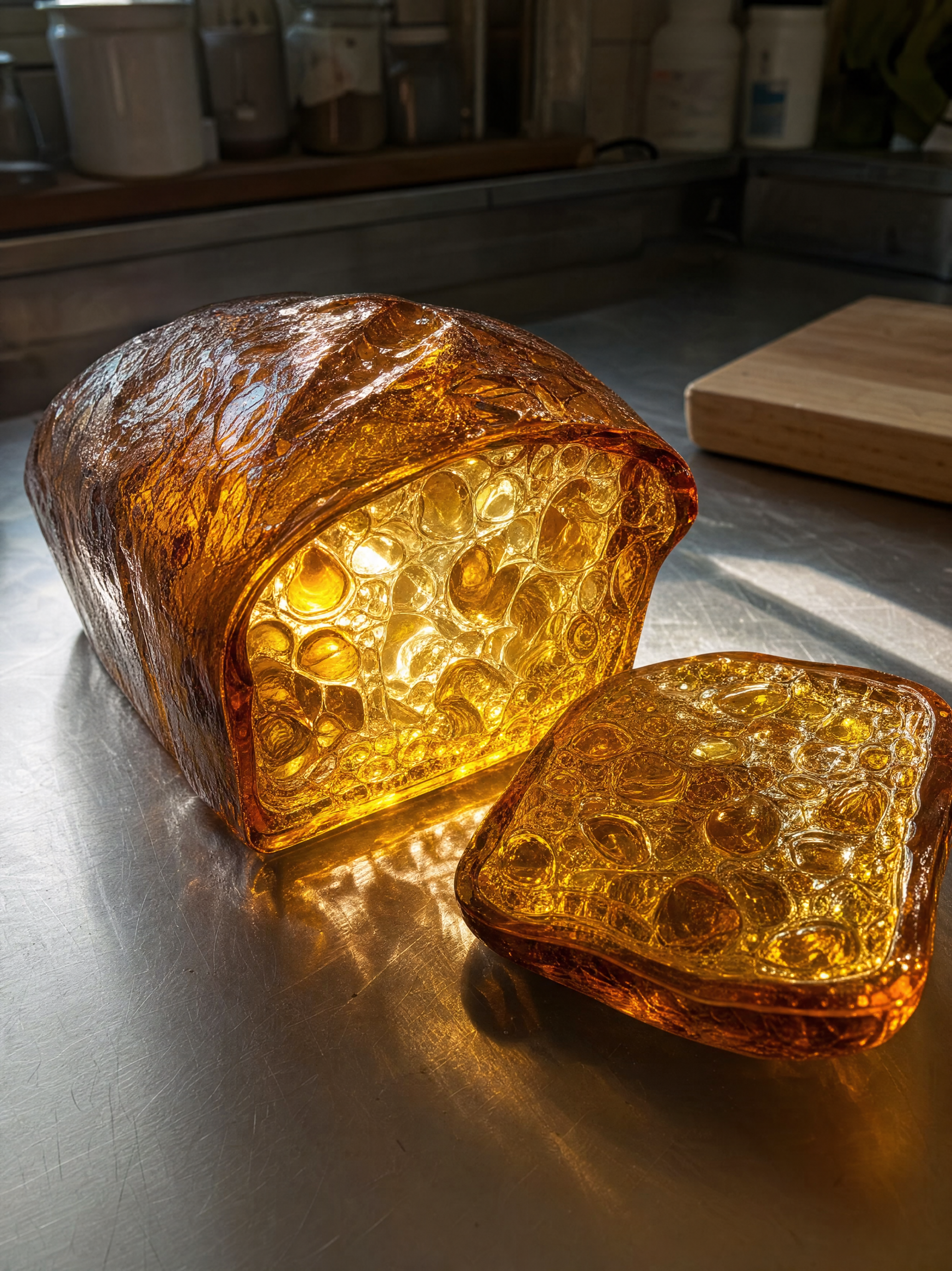 AI text-to-image result — A loaf of sourdough bread sculpted entirely from transparent amber glass, sliced open to reveal delicate bubbl…