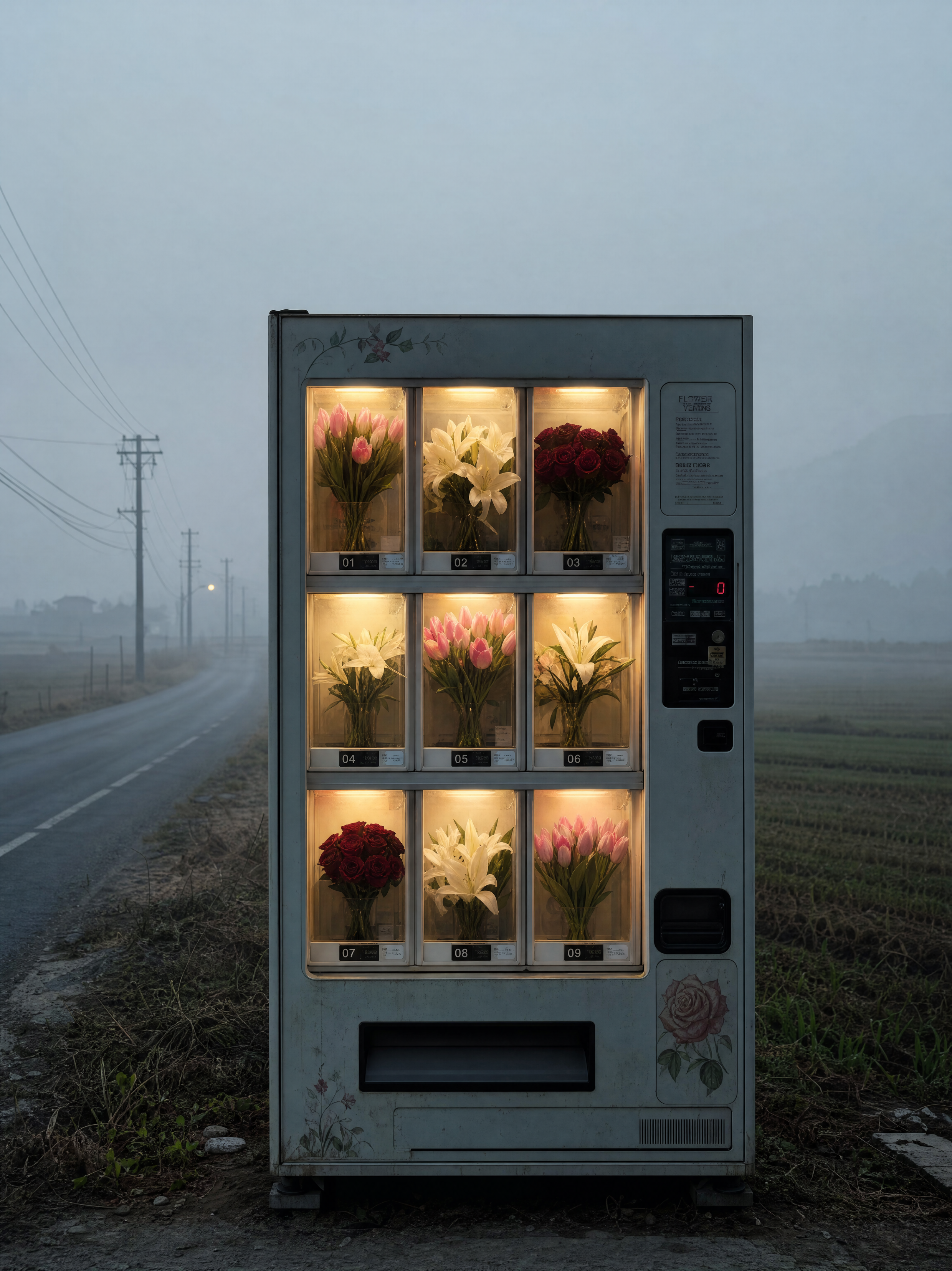 AI text-to-image result — A vending machine standing alone beside a rural road, filled entirely with fresh flowers instead of drinks, in…