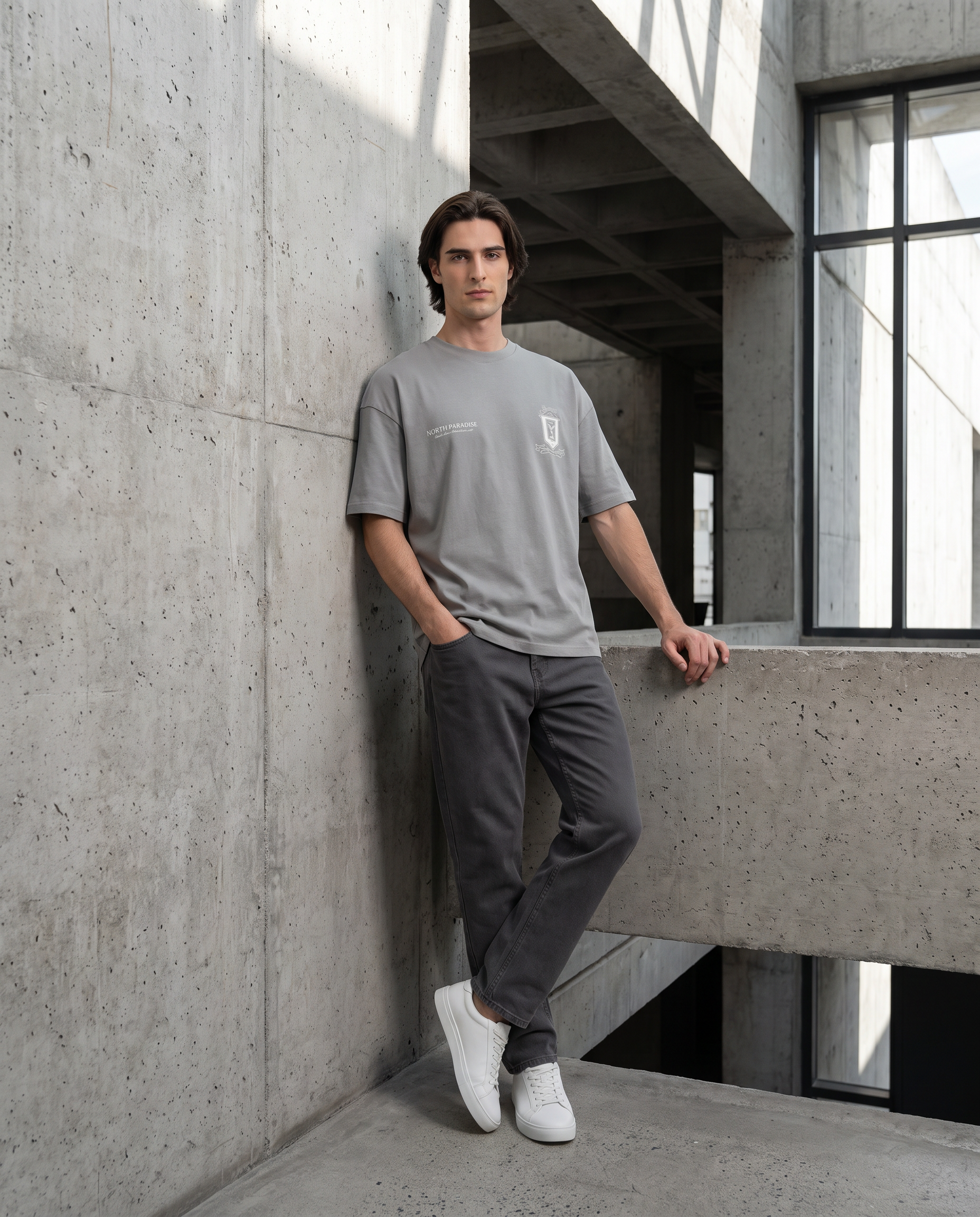 AI image-to-image result: Change the model's pose. The model should be posing stylishly in brutalist architecture. Don't change their fa…