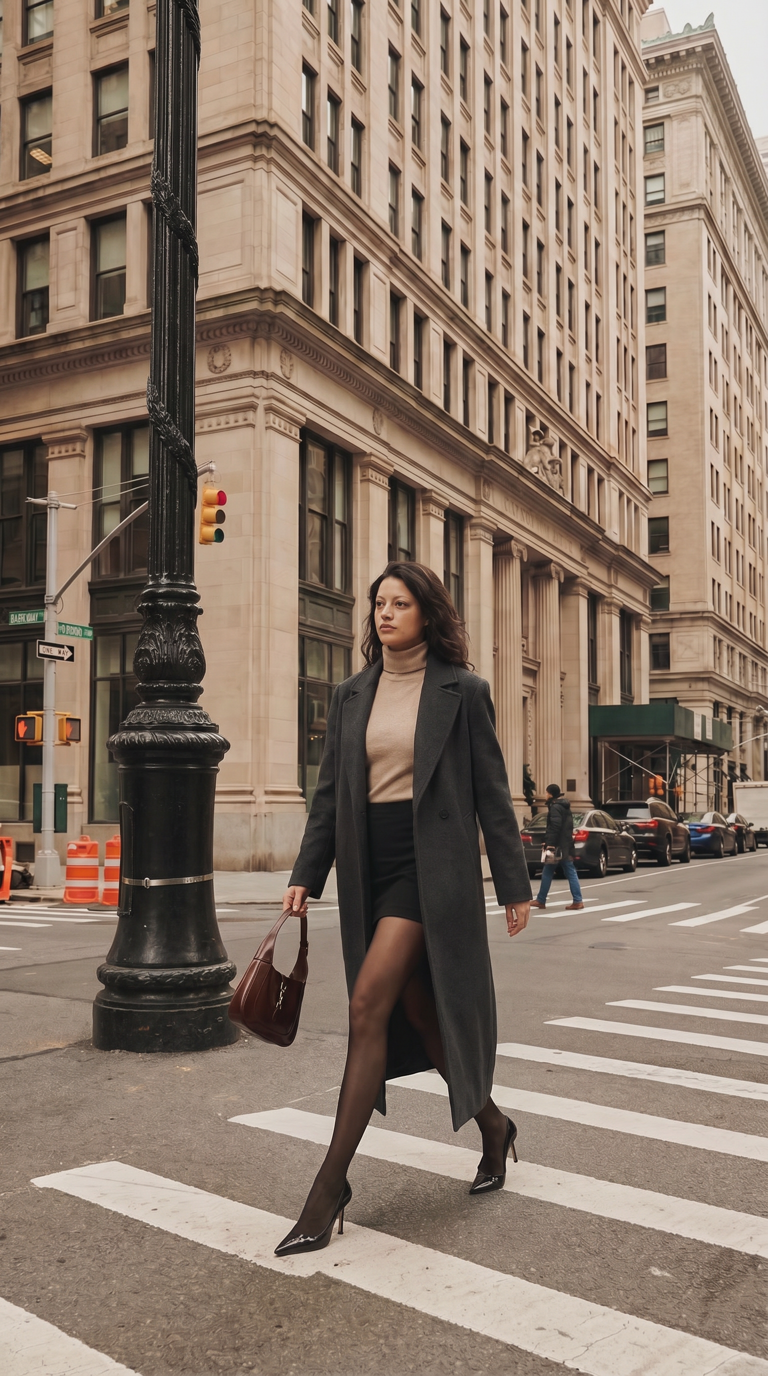 AI image-to-image result: Keep the outfit and background of the woman in the black overcoat the same. Have her pose like the woman in th…