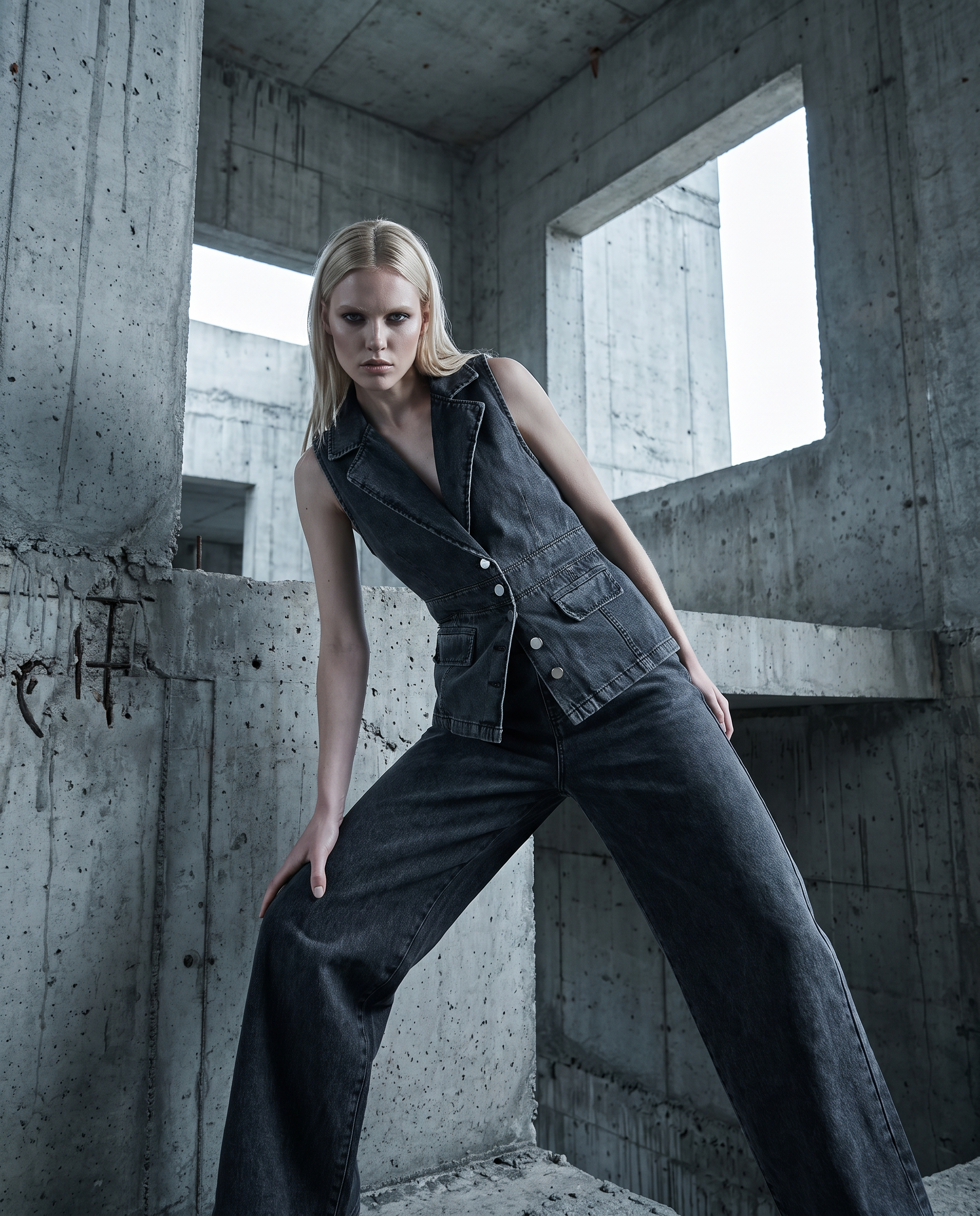 AI image-to-image result: The same outfit, unchanged in every detail, worn by a blonde model posing in a brutalist concrete architectura…
