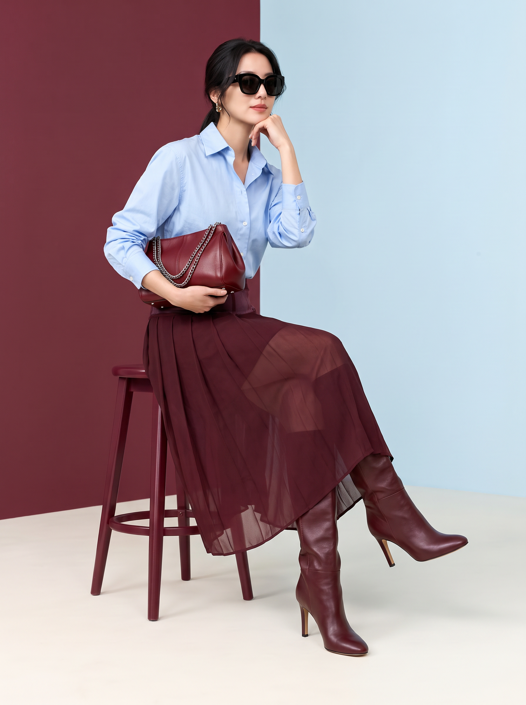 AI image-to-image result: Replace the outfit and accessories in the first image with the ones in the other image. Change the background…