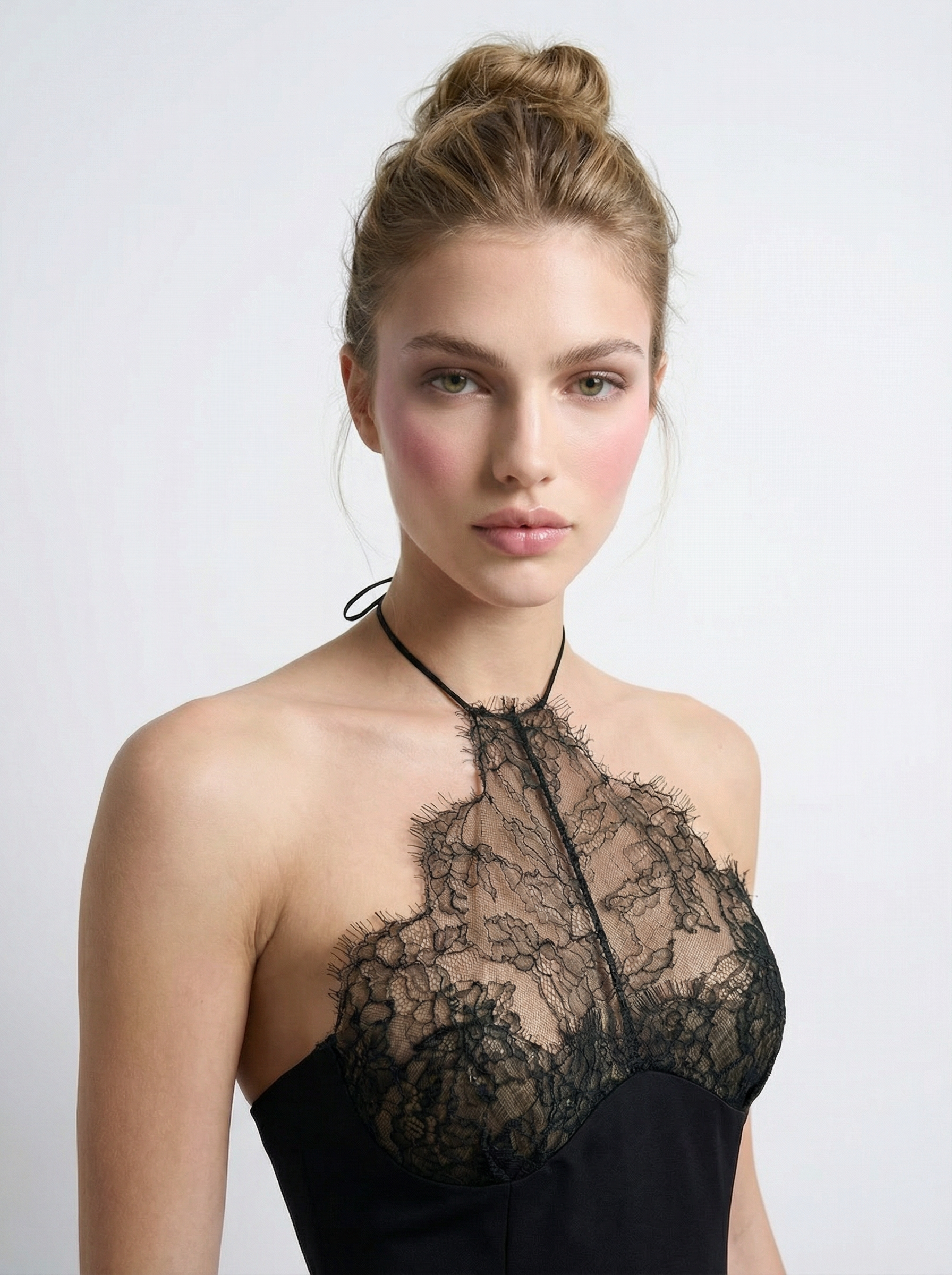 AI image-to-image result — Close-up shot of the model's face, white background, editorial style — but let a bit of the upper body show. D…