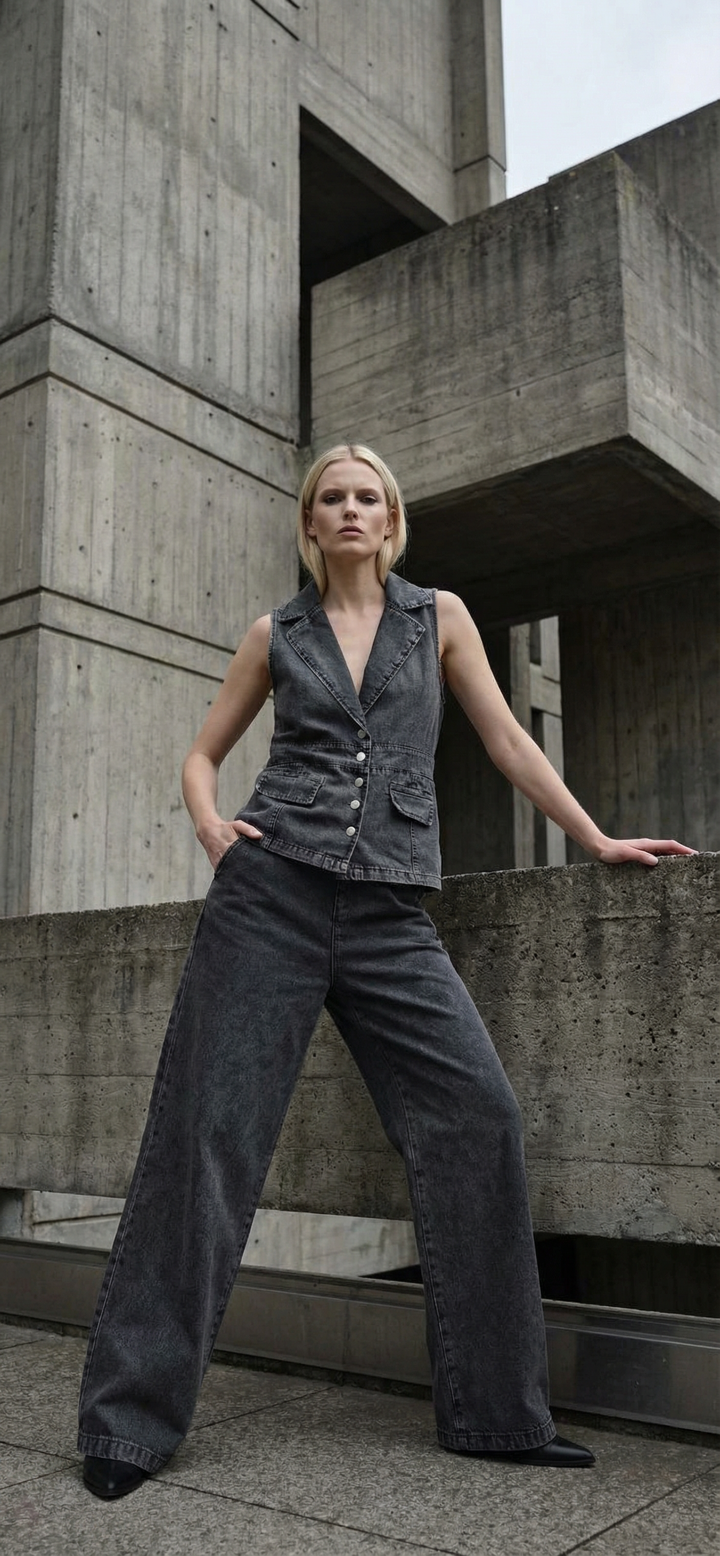 AI image-to-image result — The same outfit, unchanged in every detail, worn by a blonde model posing in a brutalist concrete architectura…