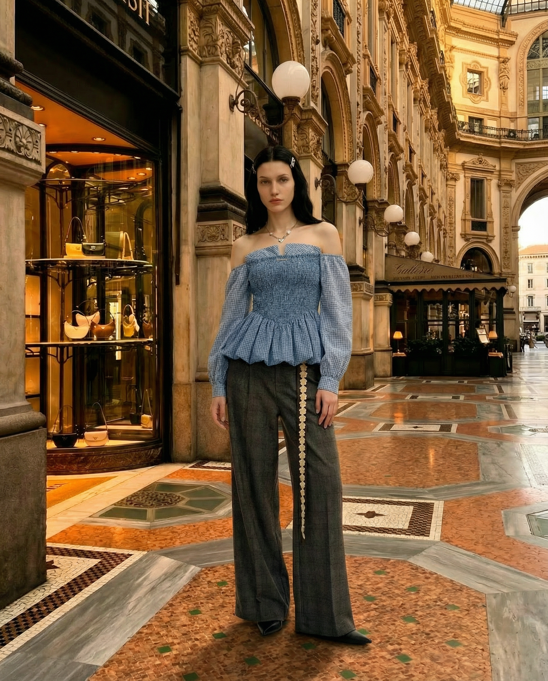 AI image-to-image result — Place the model naturally inside the existing background with fully realistic environmental integration. Match…