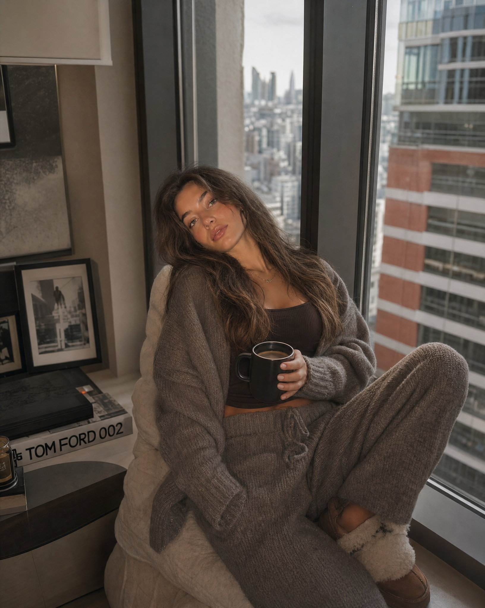 AI image-to-image result — A model seated by a window at home, holding a cup of coffee, wearing cozy yet fashion-forward loungewear. Soft…