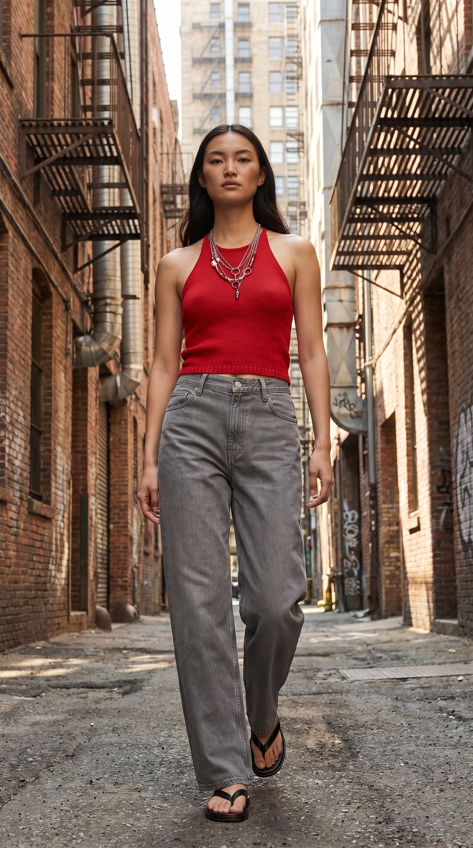 Virtual try-on result: High-end fashion model walking toward the camera mid-stride, full body, confident editorial pose, cinematic na…