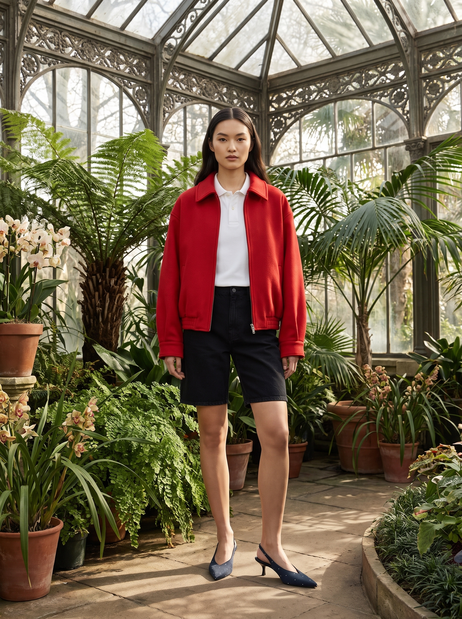 Virtual try-on result: Oversized boxy jacket with dropped shoulders and loose relaxed fit, high-end fashion model posing confidently,…