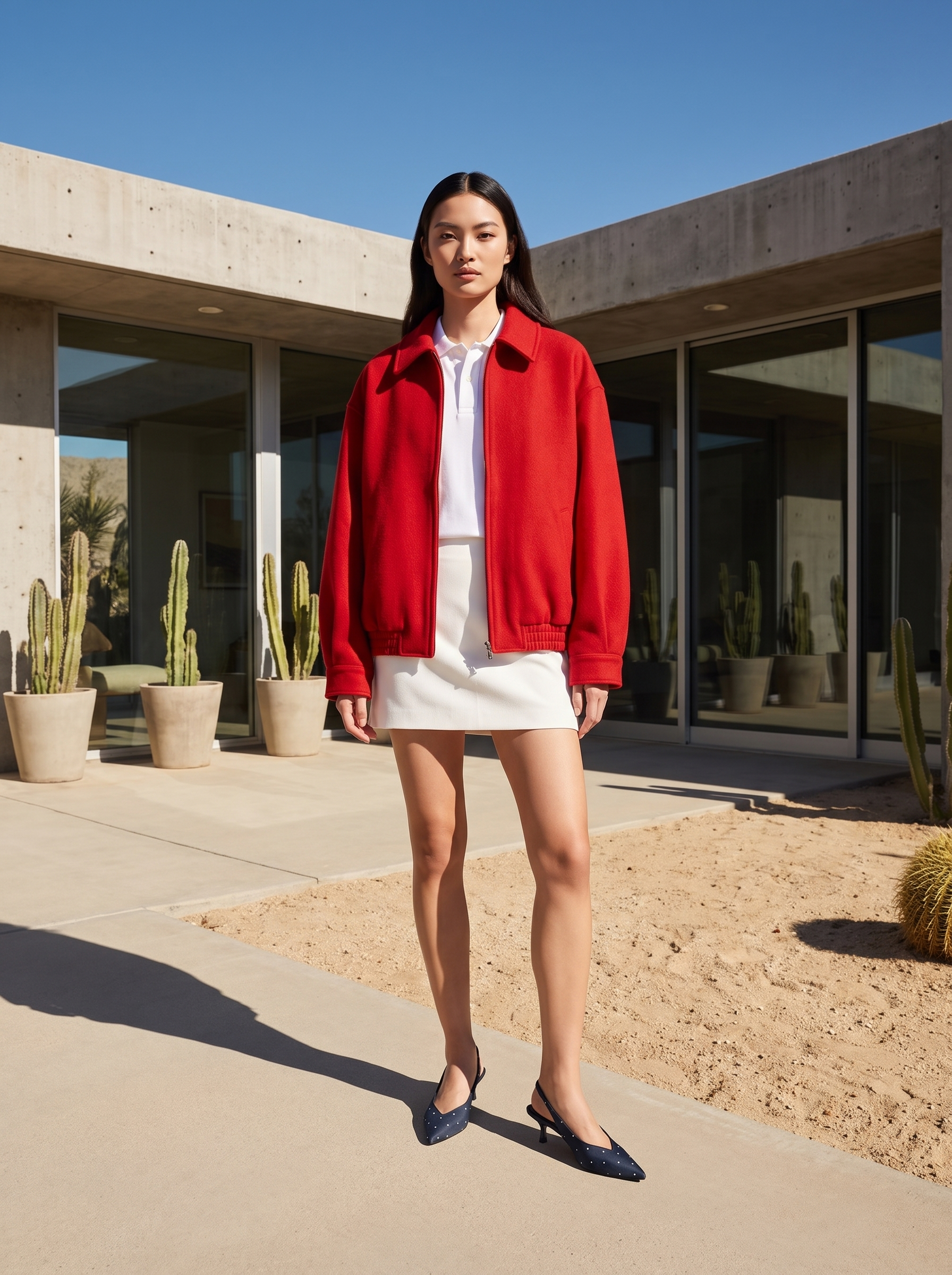 Virtual try-on result: Oversized boxy jacket, dropped shoulders, relaxed fit, white mini skirt, high-end fashion model posing confide…