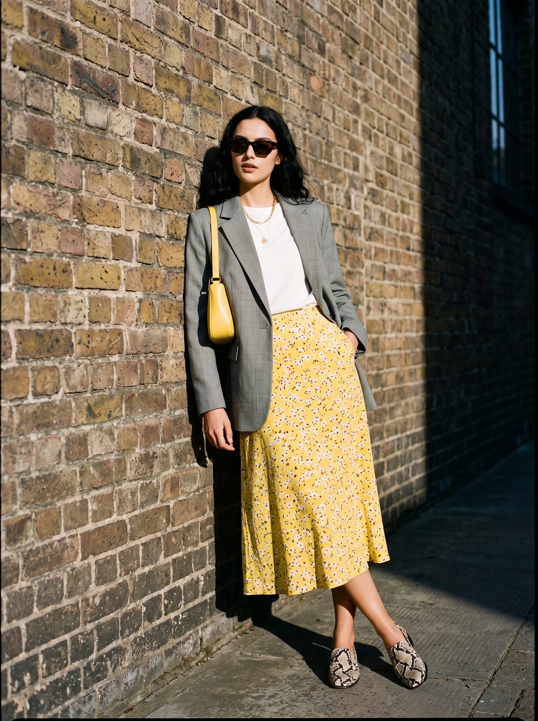 Virtual try-on result: Effortless street style pose, leaning casually against a wall, hands relaxed, candid off-guard expression, nat…