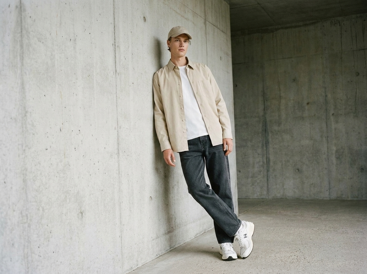 Virtual try-on result: Casual street style pose leaning against a wall, candid expression, film-like natural light.
