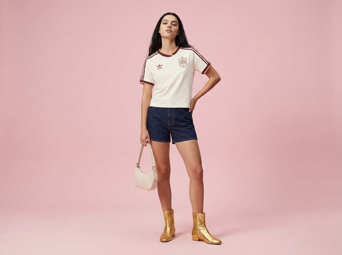 Virtual try-on result: High-end fashion model, alluring confident pose, sharp jawline lifted, hand on hip, editorial campaign lightin…