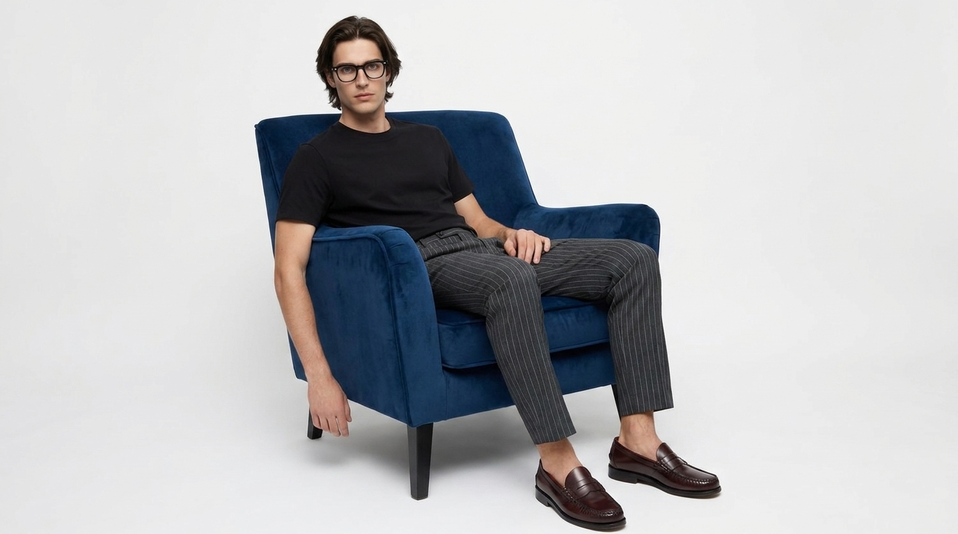 Virtual try-on result: Sitting in a velvet armchair, one arm draped over the side, relaxed elegance.