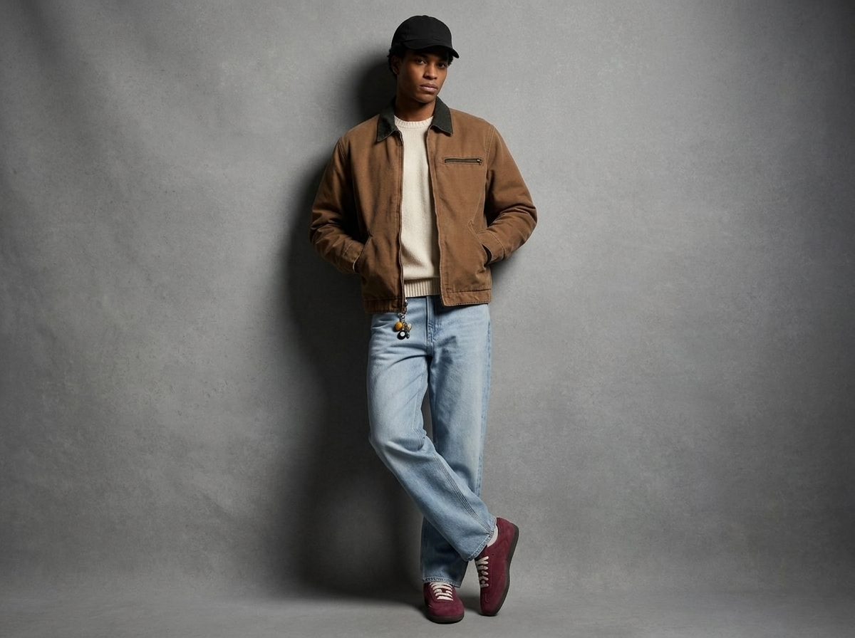 Virtual try-on result: Leaning against a wall, relaxed posture, candid street style.