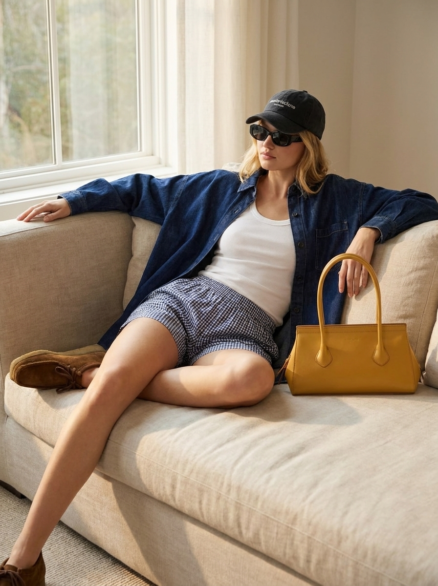 Virtual try-on result: Reclining on a linen sofa, soft afternoon light through the window.