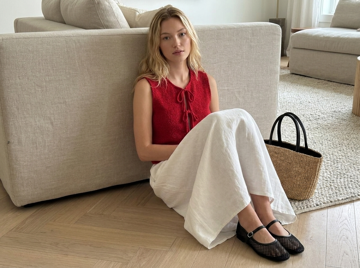 Virtual try-on result: Sitting on the floor against a sofa, knees up, casual interior.