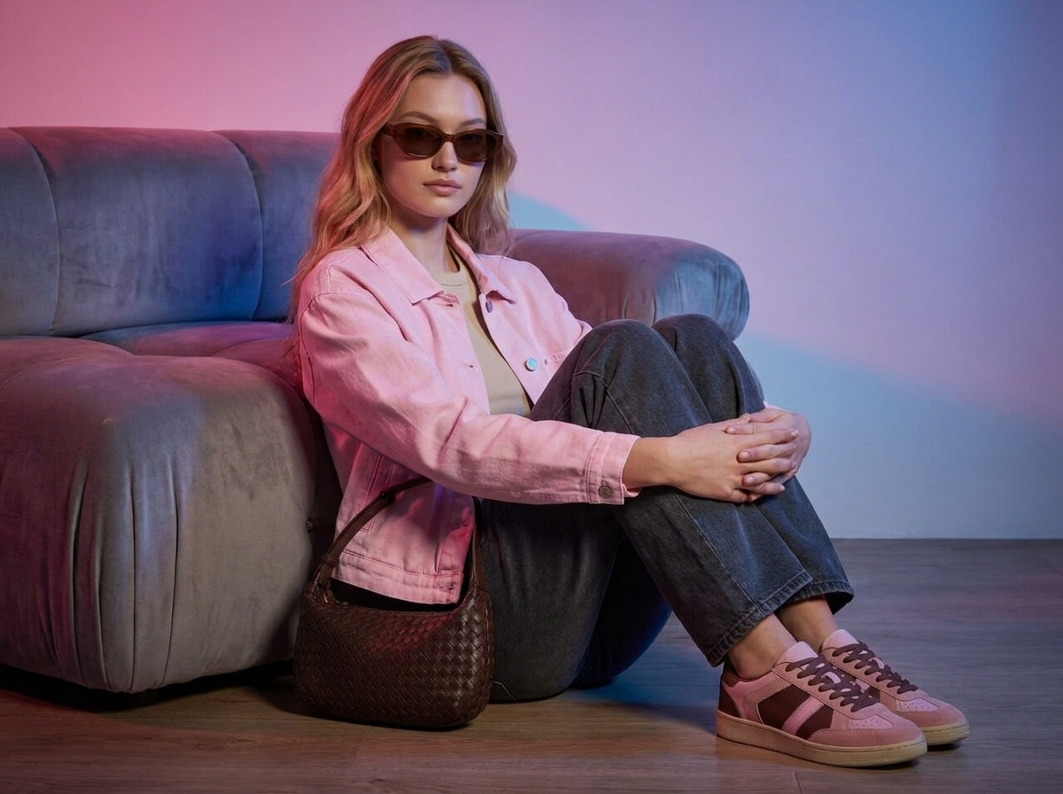 Virtual try-on result: Sitting on the floor against a sofa, knees up, casual interior.