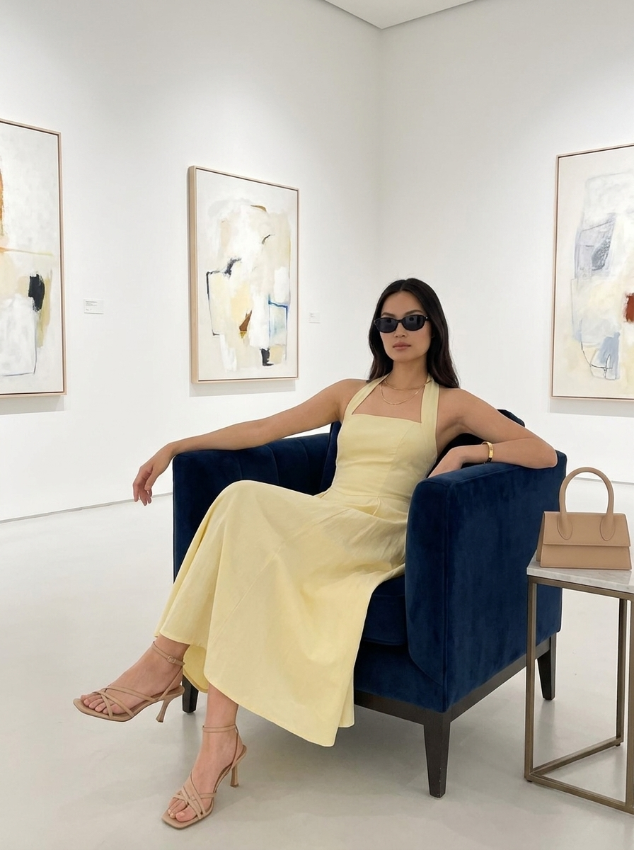 Virtual try-on result: Sitting in a velvet armchair, one arm draped over the side, relaxed elegance.