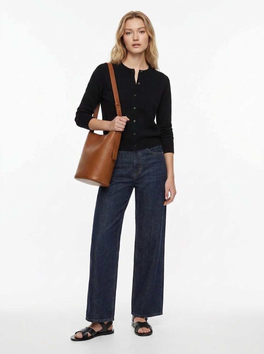 Virtual try-on result: Posing like a high-end fashion model, confident editorial stance, full body, campaign lighting.
