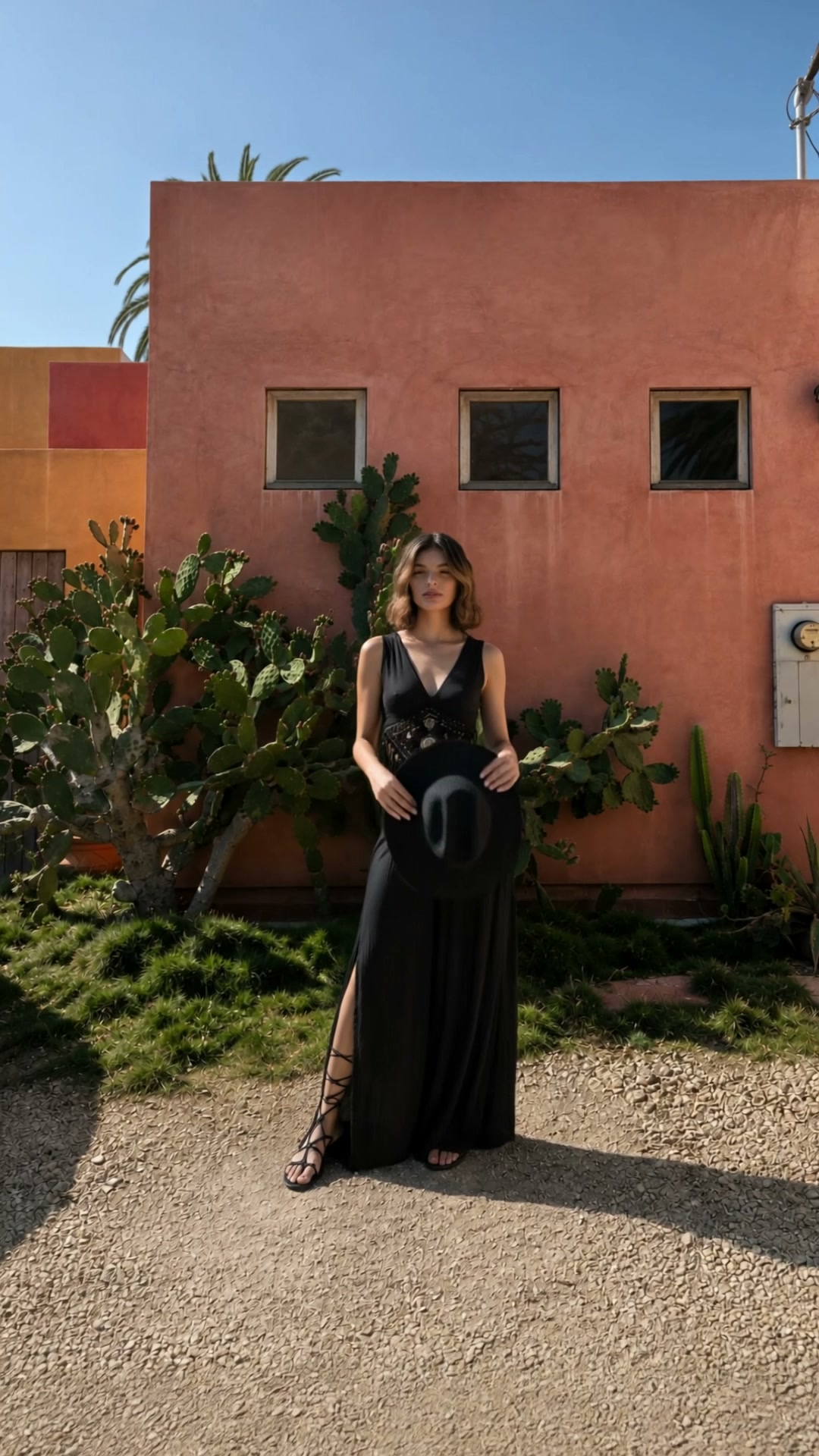 AI video result — the full shot of the model who is asian American with bob dark  haircut  put on her hat, decide to turn left a…