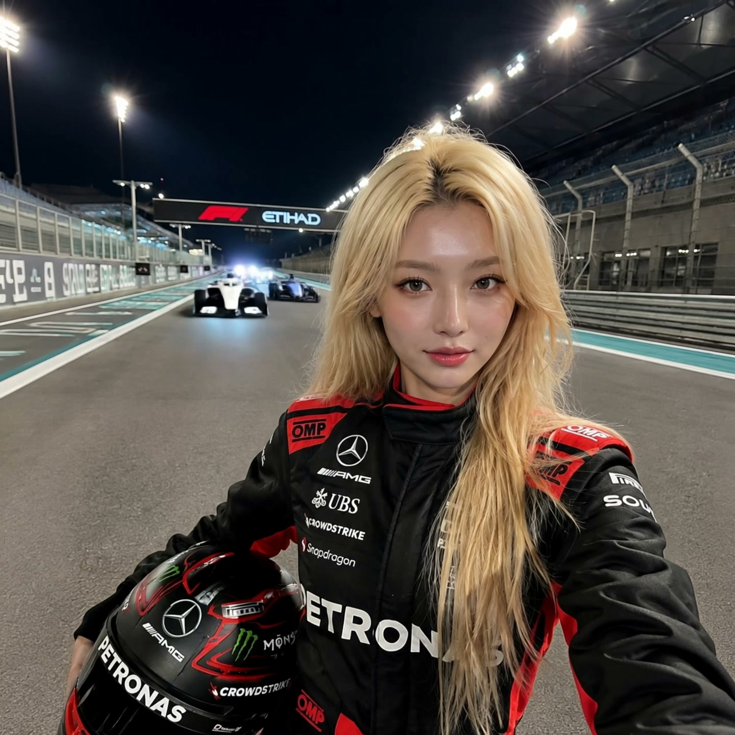AI video result — Keep the female driver standing completely composed in the foreground, looking directly into the camera and ho…