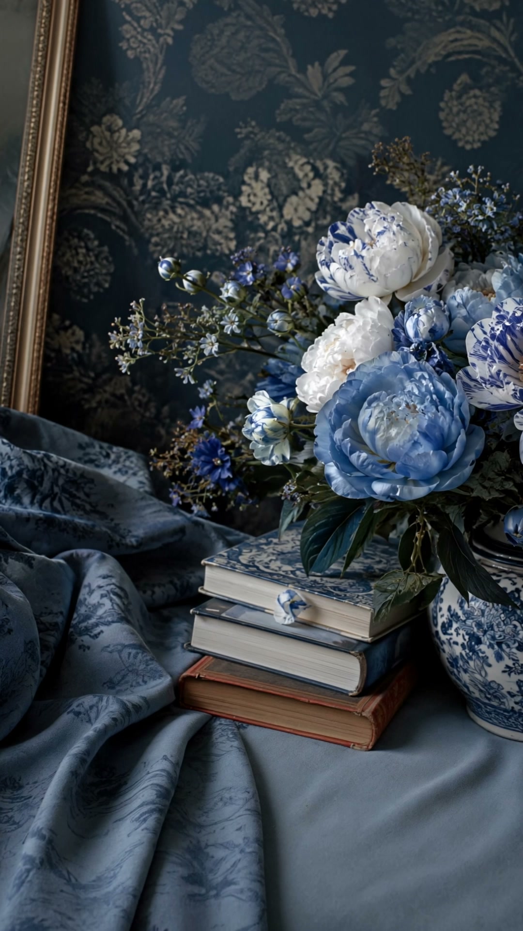 AI video result — Use the reference image as the exact starting frame. A dreamy cinematic close-up of the blue patterned peonies…