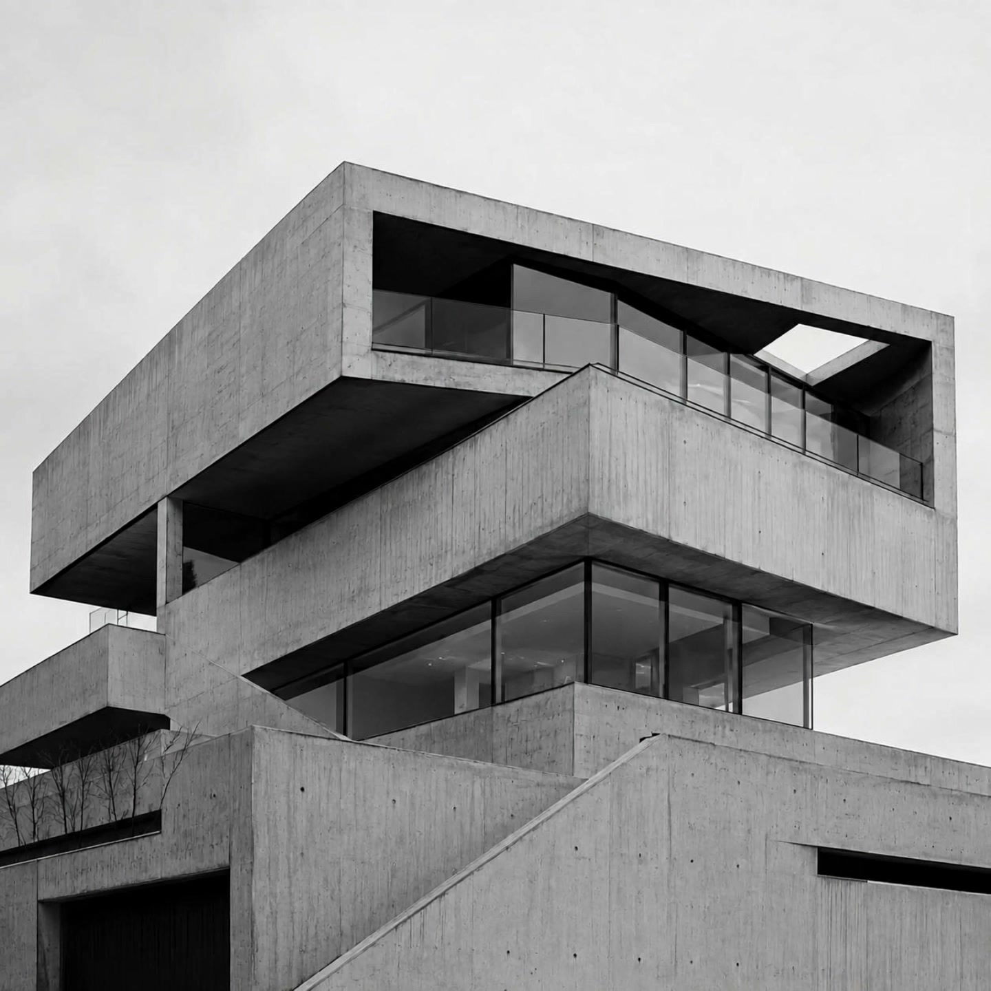 AI video result — Use the reference image as the exact starting frame. A surreal architectural film of the monochrome brutalist…