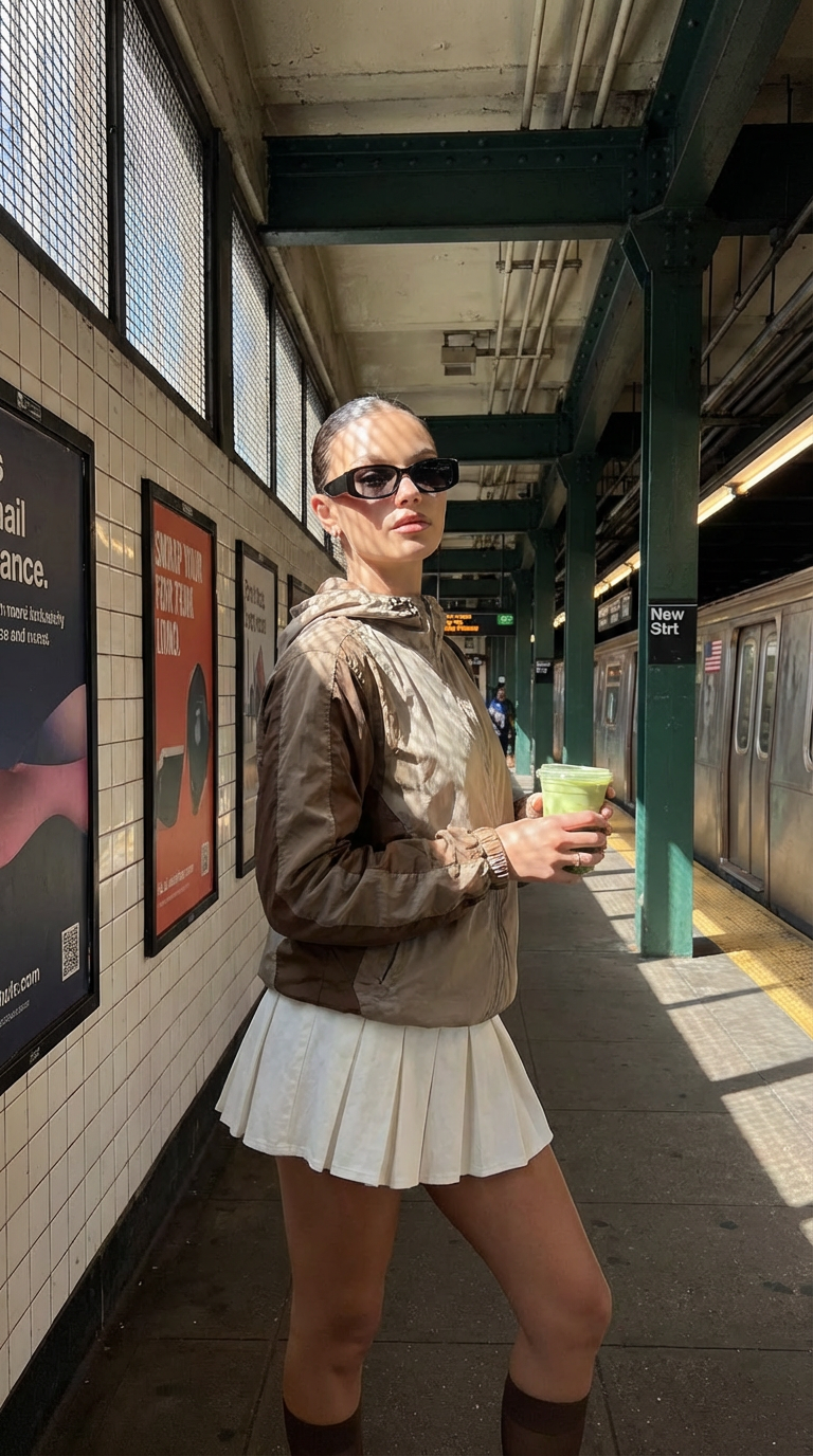 AI video result — The model is drinking a matcha latte, moving slowly. The camera slowly zooms in on the model's face.