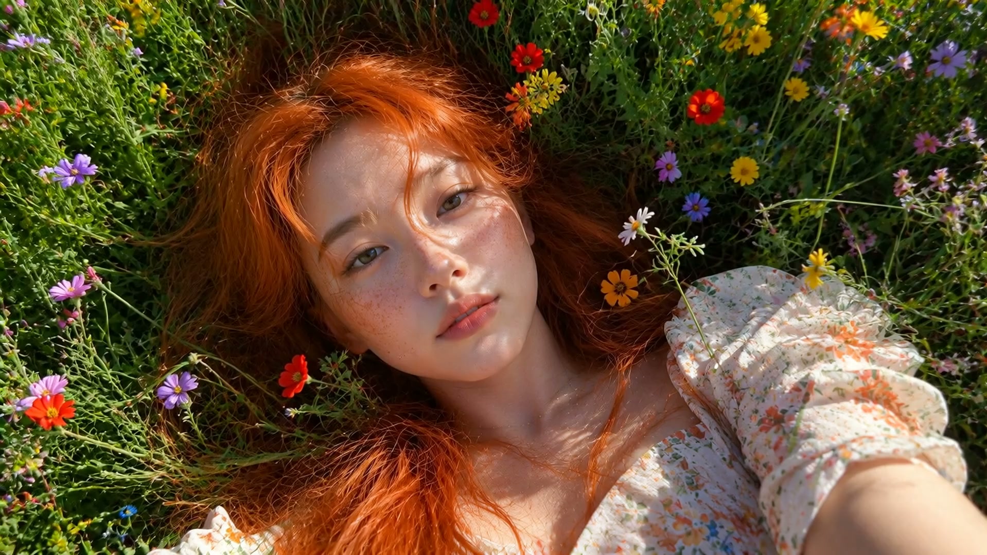 AI video result — Ultra realistic cinematic video. A beautiful freckled Asian woman with natural copper-orange hair lies on her…