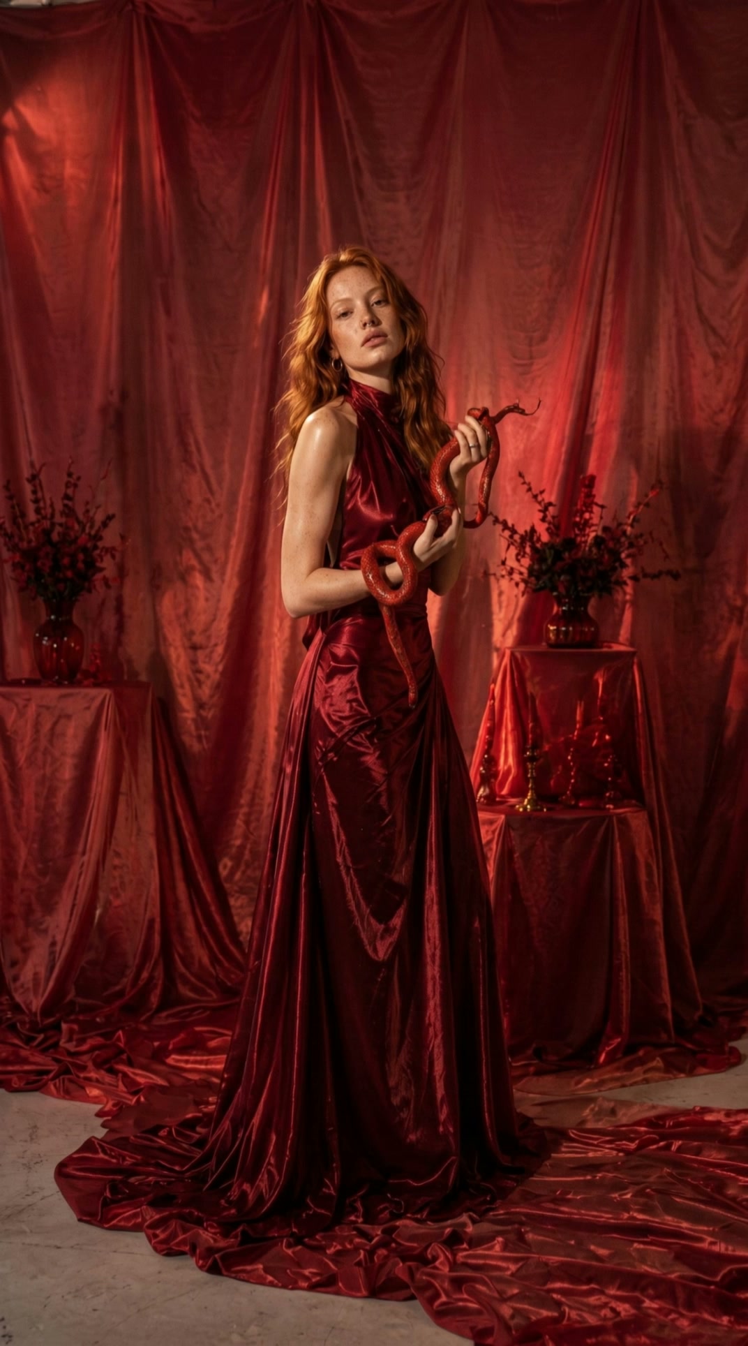 AI video result — A luxurious fashion editorial filmed in a moody studio with deep crimson satin drapes filling the background.…